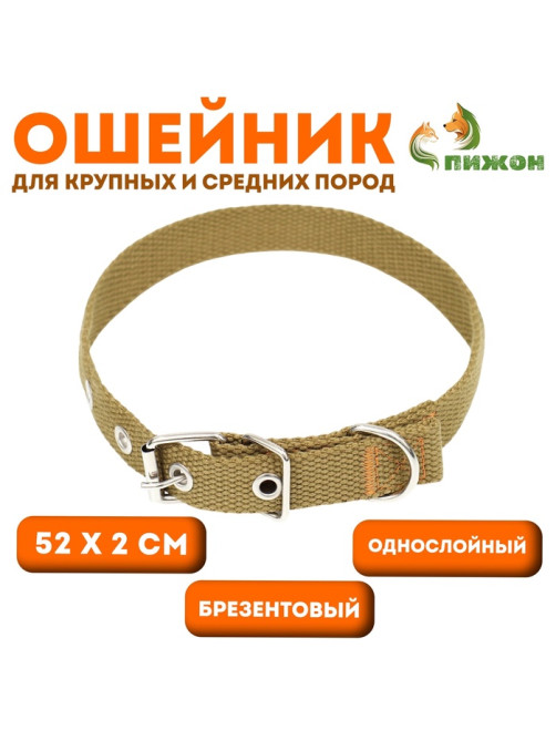 Брезентовый ошейник, 52×2 см, однослойный, цвет песочный