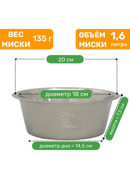 Миска, 1.6 л, стандартная, нержавеющая сталь