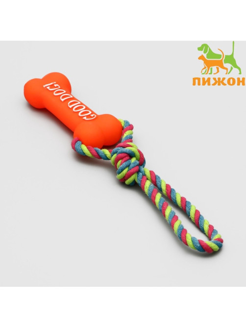 Игрушка для собак «Кость», 14 см, резиновая, с ручкой из каната, до 37 см, цвет МИКС