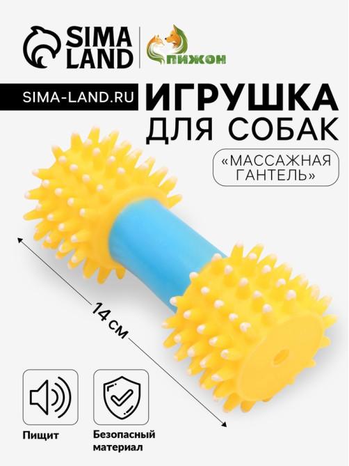 Игрушка для собак пищащая «Массажная гантель», 14 см, жёлтая/голубая
