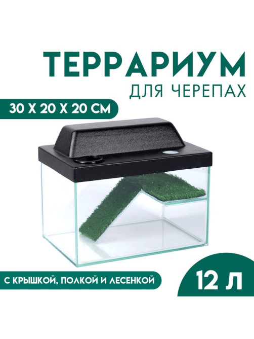 Террариум для черепах 12 л, с крышкой, полкой и лесенкой, 30×20×20 см