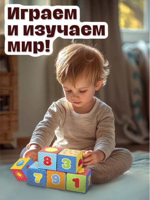 Игрушка мягконабивная, кубики IQ-ZABIAKA «Обучающие», 8×8 см, 6 шт. цифры, предметы