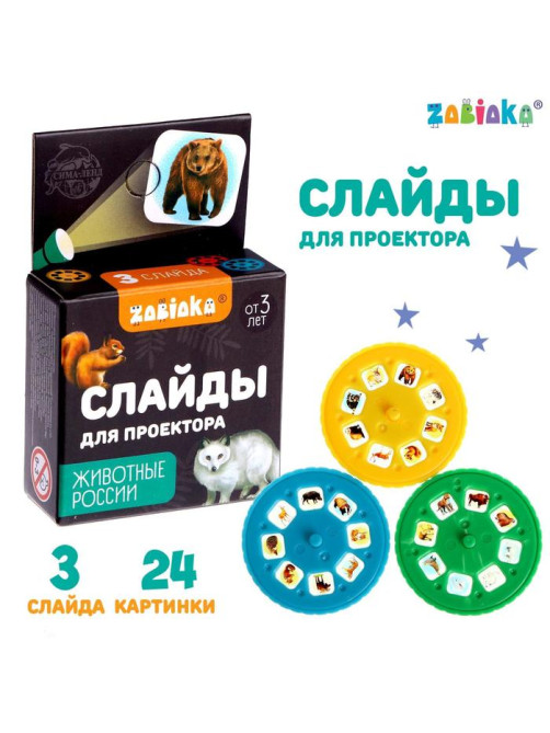 Слайды для проектора ZABIAKA «Животные России», набор, 3 слайда, 24 картинки