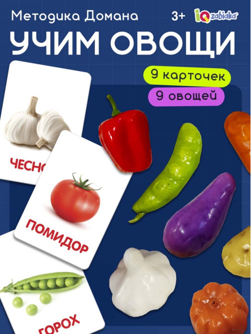 Обучающий набор по методике Г. Домана «Овощи»: 9 карточек + 9 овощей, счётный материал