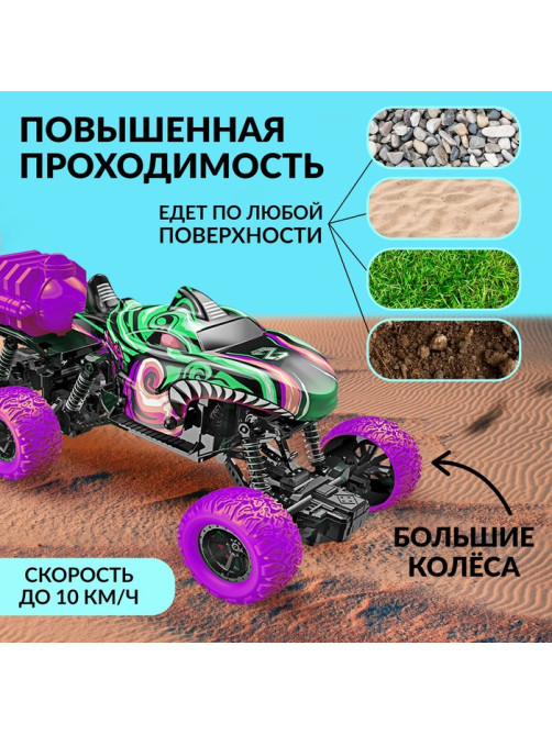 Машинка на пульте управления MONSTER, 1:16, эффект дыма, световые эффекты, работает от аккумулятора, цвет зелёный