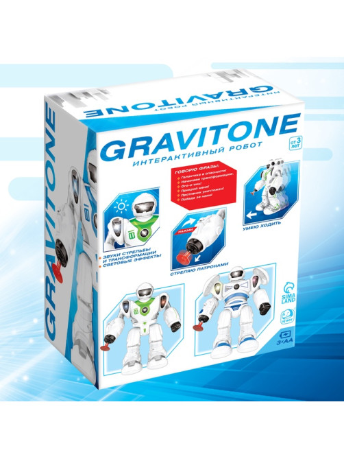 Робот GRAVITONE, свет, звук, стреляет, на батарейках, русская озвучка, цвет синий