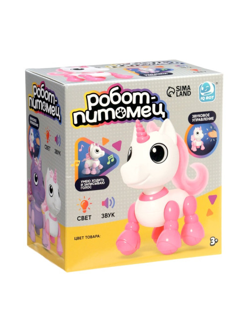 Робот единорог «Питомец» IQ BOT, интерактивный: с записью звуков, реагирует на хлопки, звук, свет, на батарейках, фиолетовый