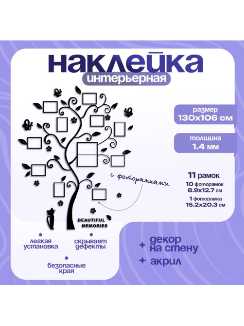 Наклейка интерьерная с фоторамками TAKE IT EASY «Воспоминания», декор на стену, панно 130×106 см