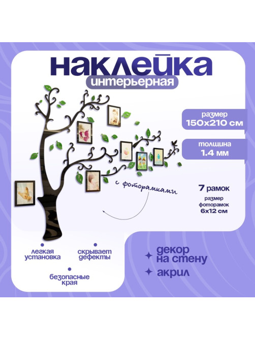 Наклейка интерьерная с фоторамками TAKE IT EASY «Семейное дерево», декор на стену, панно 150×210 см