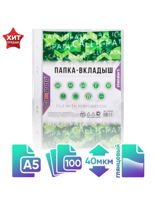 Файл - вкладыш Calligrata, А5, 40 мкм, глянцевый, вертикальный, 100 штук