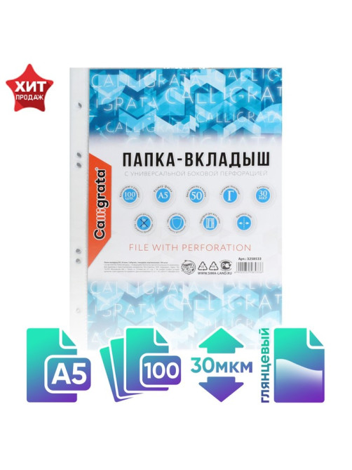 Файл - вкладыш Calligrata, А5, 30 мкм, глянцевый, вертикальный, 100 штук