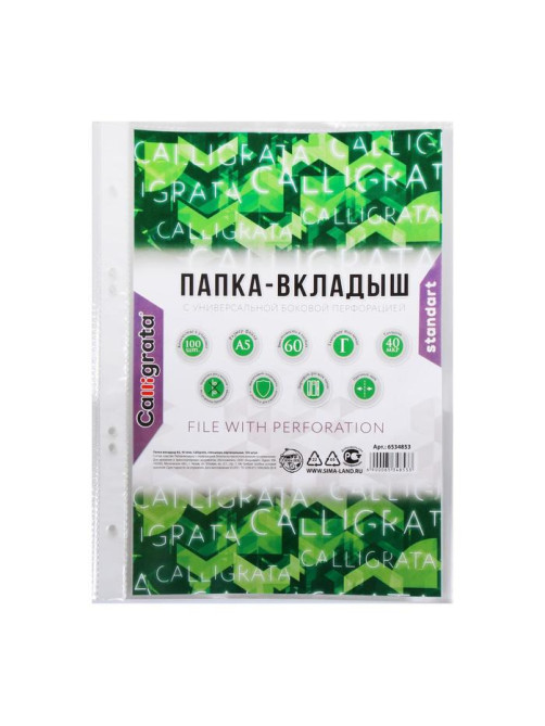 Файл - вкладыш Calligrata, А5, 40 мкм, глянцевый, вертикальный, 100 штук