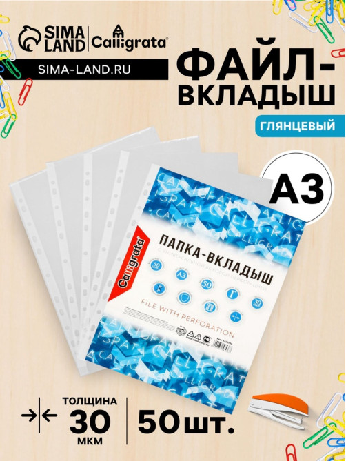 Файл - вкладыш Calligrata, А3, 30 мкм, глянцевый, вертикальный, 50 штук