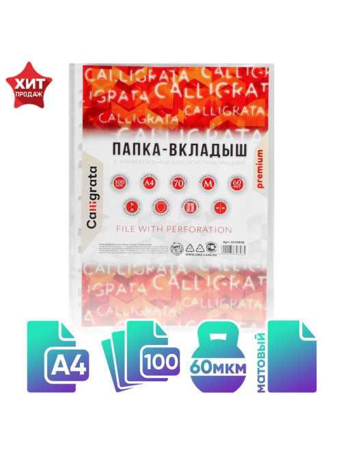 Файл - вкладыш Calligrata, А4, 60 мкм, плотные, матовый, вертикальный, 100 штук
