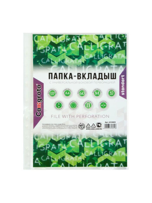 Файл-вкладыш А4, 45 мкм, Calligrata, матовый, вертикальный, 100 штук