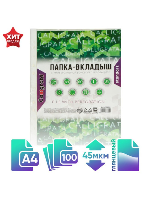 Файл - вкладыш Calligrata, А4, 45 мкм, глянцевый, вертикальный, 100 штук