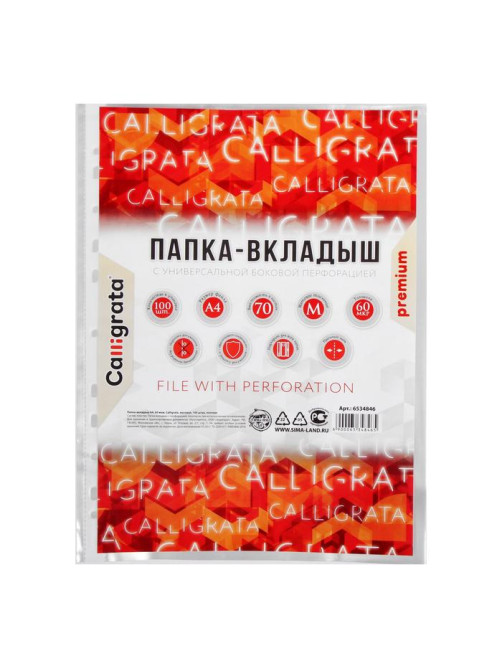 Файл - вкладыш Calligrata, А4, 60 мкм, плотные, матовый, вертикальный, 100 штук