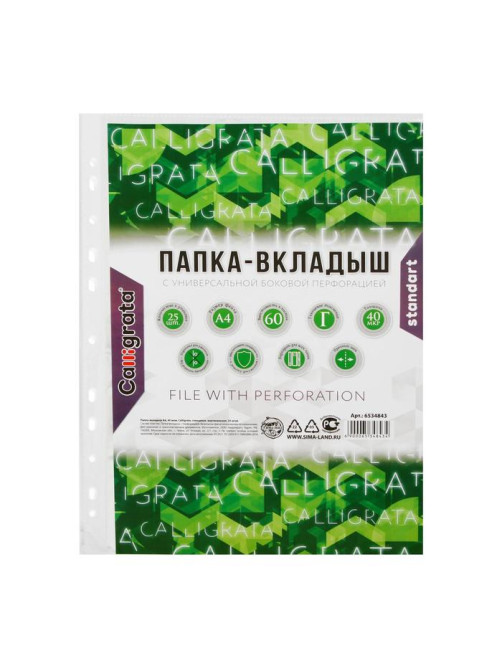 Файл - вкладыш Calligrata, А4, 40 мкм, глянцевый, вертикальный, 25 штук