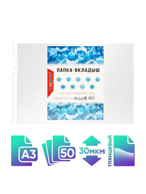 Файл-вкладыш А3, 30 мкм, Calligrata, глянцевый, горизонтальный, 50 штук