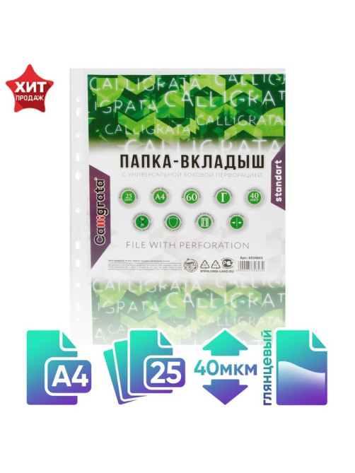 Файл - вкладыш Calligrata, А4, 40 мкм, глянцевый, вертикальный, 25 штук