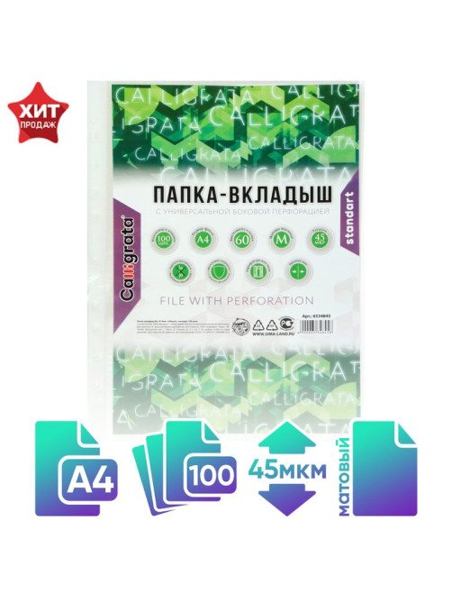 Файл-вкладыш А4, 45 мкм, Calligrata, матовый, вертикальный, 100 штук