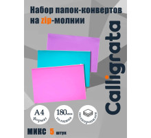 Набор папок-конвертов на ZIP-молнии A4, 180 мкм, Calligrata «Акварель», полупрозрачные, 5 штук, МИКС