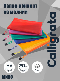 Папка-конверт на молнии Calligrata А6 (175×130 мм), с сеткой внутри, МИКС