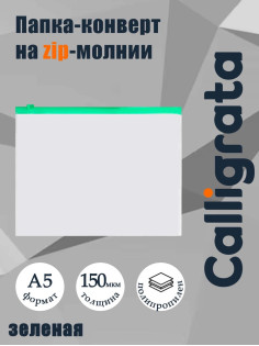 Папка-конверт на ZIP-молнии A5 150 мкм, Calligrata, прозрачная, зелёная молния
