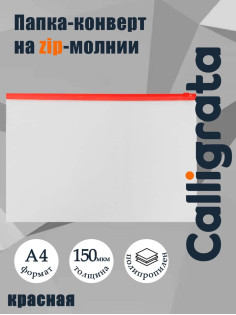 Папка-конверт на ZIP-молнии A4, 150 мкм, Calligrata, прозрачная, красная молния