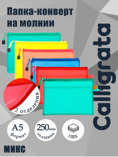 Папка-конверт на молнии Calligrata А5, однотонная, МИКС