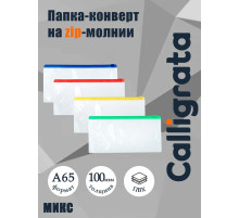 Папка-конверт на ZIP-молнии Calligrata А65 (122×240 мм), 100 мкм, прозрачная, МИКС