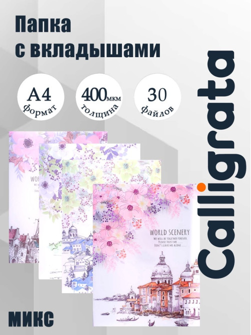 Папка А4, «Города» 30 прозрачных файлов, пластик, 400 мкм, МИКС