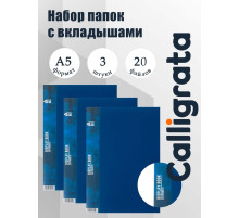 Набор папок А5, 20 вкладышей, Calligrata, карман на корешке, синие, 3 штуки