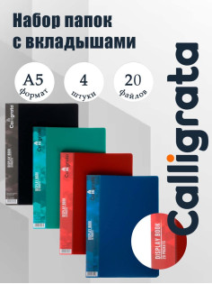 Набор папок А5, 20 вкладышей, Calligrata, карман на корешке, микс, 4 штуки