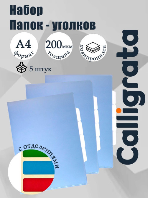 Набор папок уголков, А4, 200 мкм, 5 штук, Calligrata TOP Breeze, 3 отделения, небесный, глянцевые, полупрозрачные
