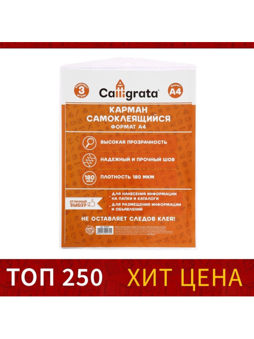 Карман самоклеящийся А4, 223×303 мм, комплект 3 штуки, Calligrata, 180 мкм, на лицевую сторону папок и любые гладкие поверхности