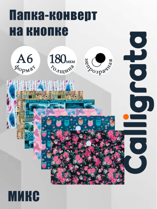 Папка-конверт на кнопке, А6, 180 мкм, МИКС