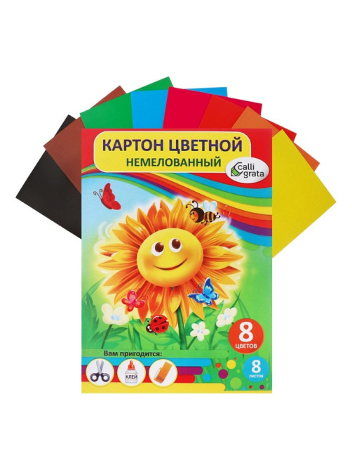 Картон цветной А5, 8 листов, 8 цветов, Calligrata, немелованный, 220 г/м², в папке, МИКС