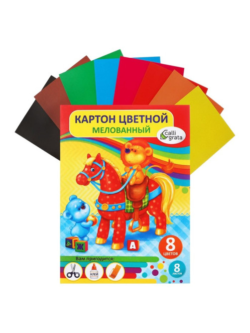 Картон цветной А5, 8 листов, 8 цветов, Calligrata, мелованный 240 г/м², в папке, МИКС