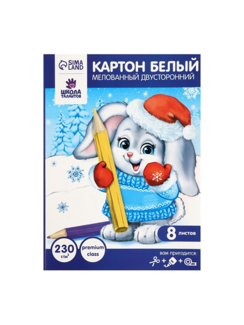 Картон белый А4, 8 листов двусторонний, мелованный, блок 230 г/м², EXTRA белизна, в папке, Calligrata TOP