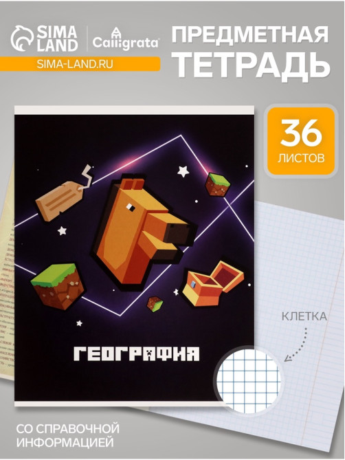 Предметная тетрадь по географии Calligrata «Пиксели», 36 листов, в клетку, со справочным материалом, обложка из мелованного картона