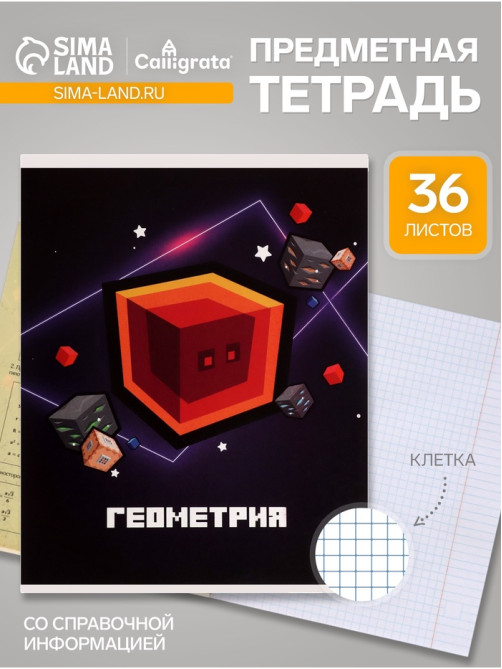 Предметная тетрадь по геометрии Calligrata «Пиксели», 36 листов, в клетку, со справочным материалом, обложка из мелованного картона