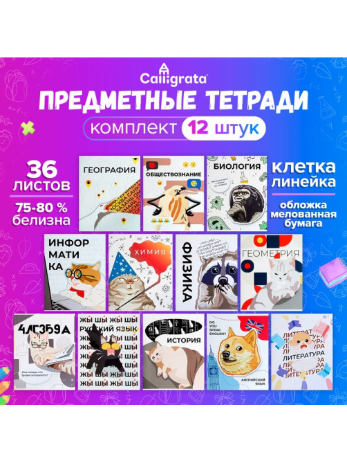 Набор предметных тетрадей 36 листов «Животные мемы», 12 предметов, серые листы