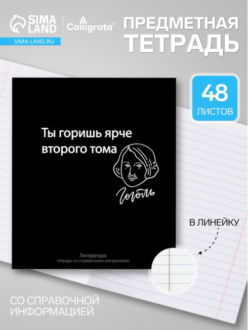 Предметная тетрадь по литературе Calligrata «На Чёрном», 48 листов, в линейку, со справочным материалом, обложка из мелованного картона