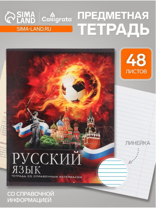 Предметная тетрадь по русскому языку Calligrata «Футбол», 48 листов, в клетку, со справочным материалом, обложка из мелованного картона