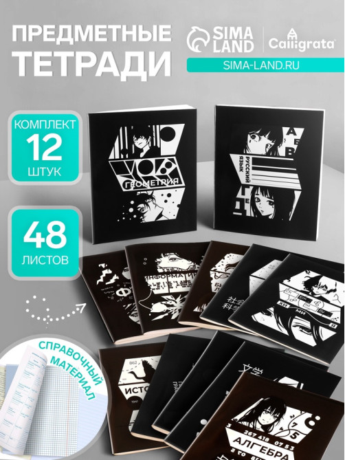 Набор предметных тетрадей Calligrata «Комикс Аниме», 12 предметов, 48 листов, со справочным материалом, обложка из мелованного картона