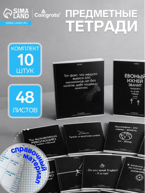 Набор предметных тетрадей Calligrata «На Чёрном», 10 предметов, 48 листов, со справочным материалом, обложка из мелованного картона