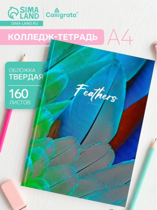 Колледж-тетрадь Calligrata TOP «Перья» А4, 160 листов, в клетку, в твёрдой обложке 7БЦ, матовая ламинация, выборочный лак