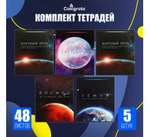 Комплект тетрадей из 5 штук (4 разные + 1 повторяющаяся), 48 листов в клетку Calligrata «Космос», обложка мелованная бумага, блок №2, белизна 75% (серые ...