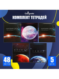 Комплект тетрадей из 5 штук (4 разные + 1 повторяющаяся), 48 листов в клетку Calligrata «Космос», обложка мелованная бумага, блок №2, белизна 75% (серые ...